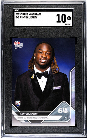 Graded 2025 Topps Now Ashton Jeanty #D2 Record Setting RB Selected 6th Overall Rookie RC Football Card SGC 10 Gem Mint (ONLINE ORDER ONLY)