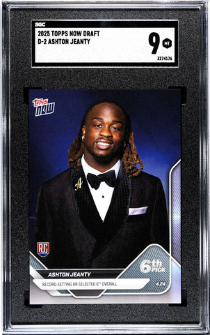 Graded 2025 Topps Now Ashton Jeanty #D2 Record Setting RB Selected 6th Overall Rookie RC Football Card SGC 9 Mint (ONLINE ORDER ONLY)