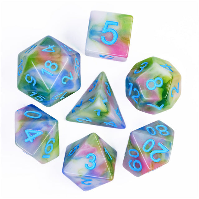 Earthly 4-Color 7-Dice Dnd Dice | Green White Green w/Blue Numbers Set (Online Only)