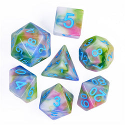 Earthly 4-Color 7-Dice Dnd Dice | Green White Green w/Blue Numbers Set (Online Only)