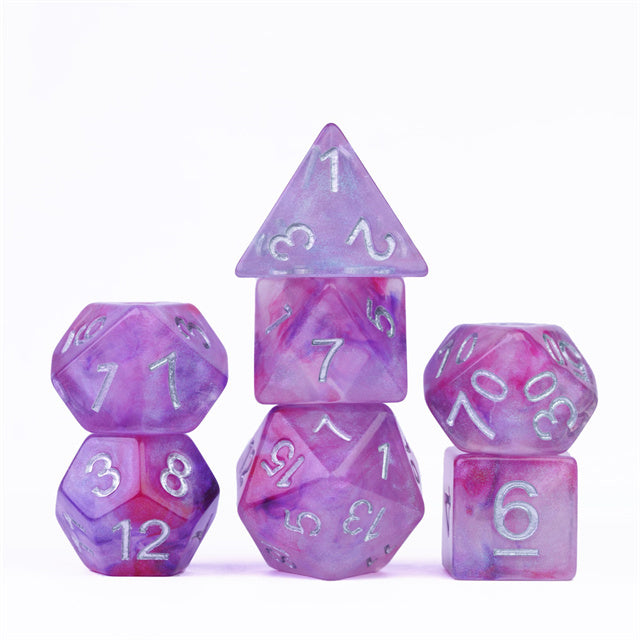 Resin Galaxy Purple 7-Dice Dnd Dice | Glitter w/Silver Numbers Set (Online Only)
