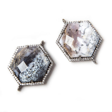 21mm Black Gold Bezeled White CZ & Dendritic Opal Hexagon Connector 1 pc (ONLINE ORDER ONLY)