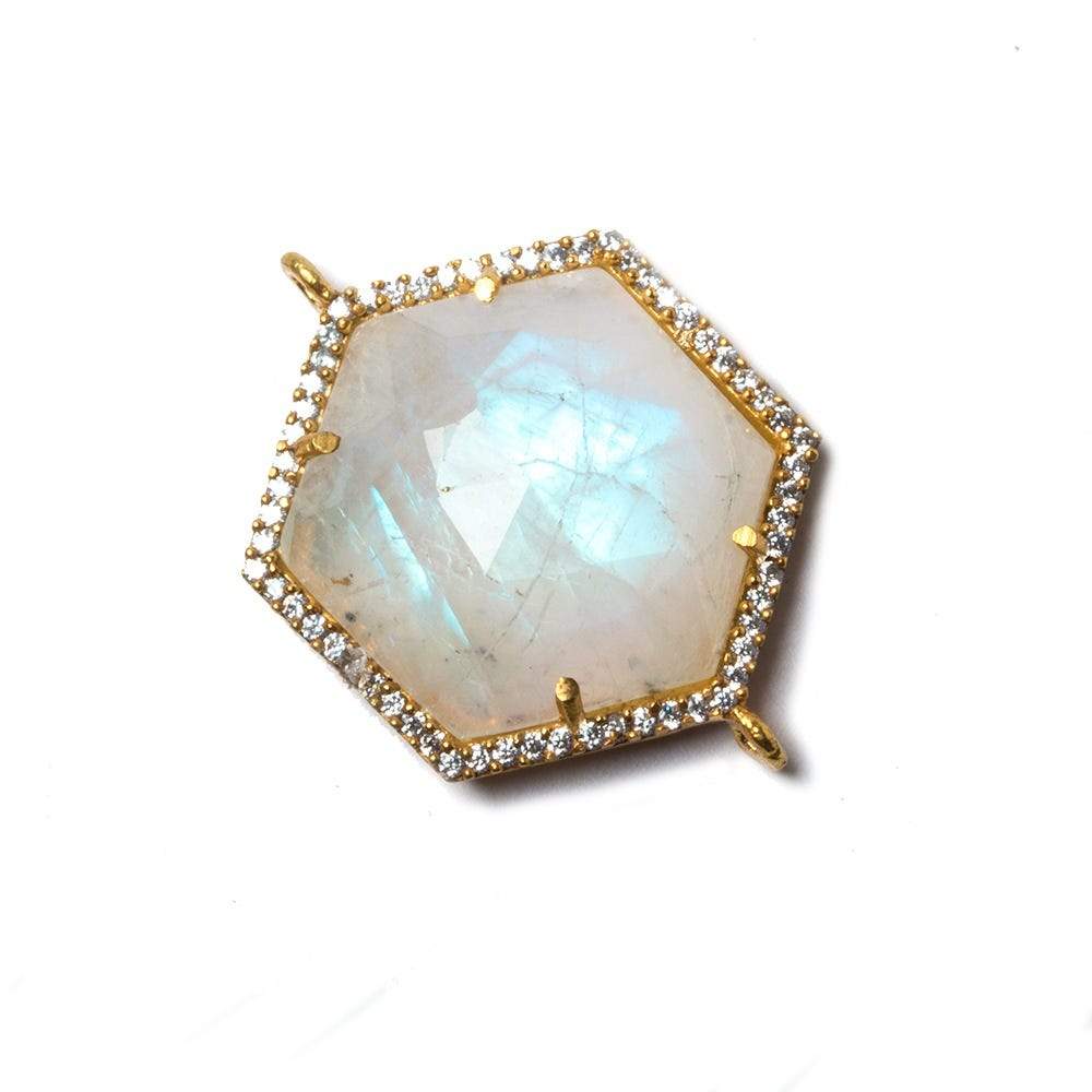 21mm Vermeil Bezel White CZ & Rainbow Moonstone Hexagon Connector 1 pc (ONLINE ORDER ONLY)