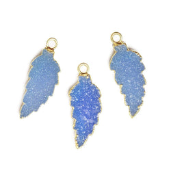21x9mm Gold Leafed Santorini Blue Drusy Feather Pendant 1 piece (ONLINE ORDER ONLY)