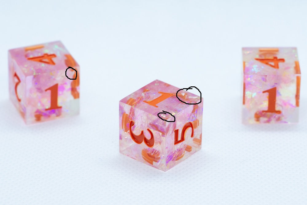 Nectar Sharp Edge Resin d6-Dice (Clear Shimmer w/ Orange Numbers) [subtle imperfection] (Online Only)