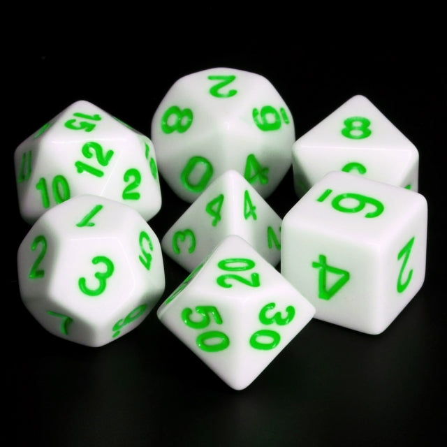 White Opaque with Green Numbering 7-Dice Set RPG (Online Only)