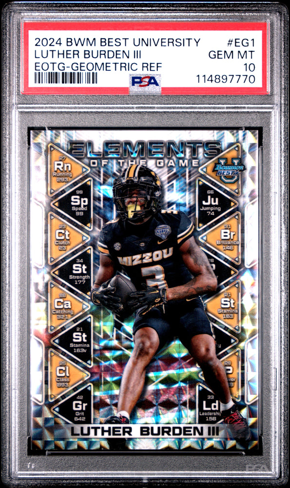 Graded 2024 Topps Bowman Best University Luther Burden III #EG1 Elements of the Game Geometric Refractor Rookie RC Football Card PSA 10 Gem Mint (ONLINE ORDER ONLY)