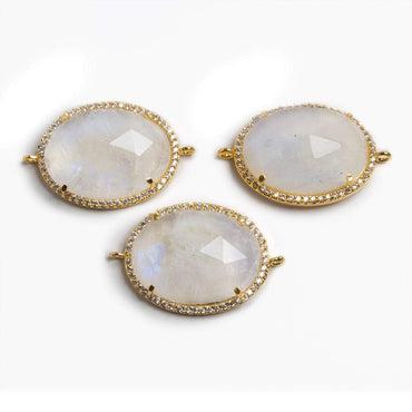 22x18mm Vermeil Bezeled White CZ & Rainbow Moonstone Oval Connector 1 pc (ONLINE ORDER ONLY)