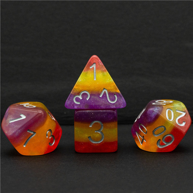 Orange Yellow Purple Glitter Layer 7-Dice Set w/Silver Numbers (Online Only)