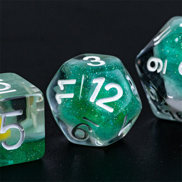 Gold Fish Green 7-Dice Dnd Dice | Glitter w/White Numbers Set (Online Only)