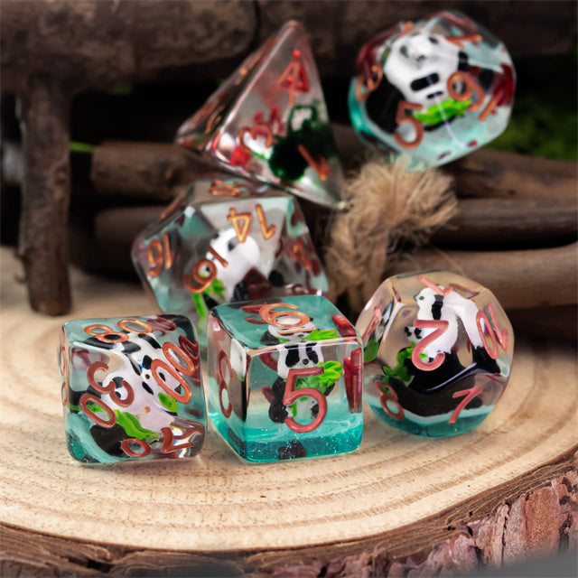 Bamboo Panda on Blue Glitter 7-Dice Set w/Copper Numbers Dnd Dice Set (Online Only)