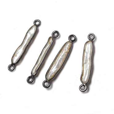 23x4mm Black Gold Bezeled White Biwa Pearl Connector Set of 4 (ONLINE ORDER ONLY)