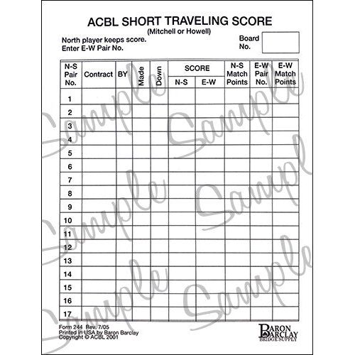 ACBL Short Traveling Score Pad (200 Sheets) #244 (ONLINE ORDER ONLY)