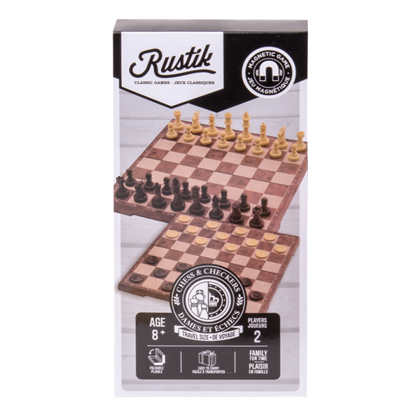 Travel Games: Rustik Foldable Magnetic Checkers/Chess  (Peachwood) (ONLINE ORDER ONLY)