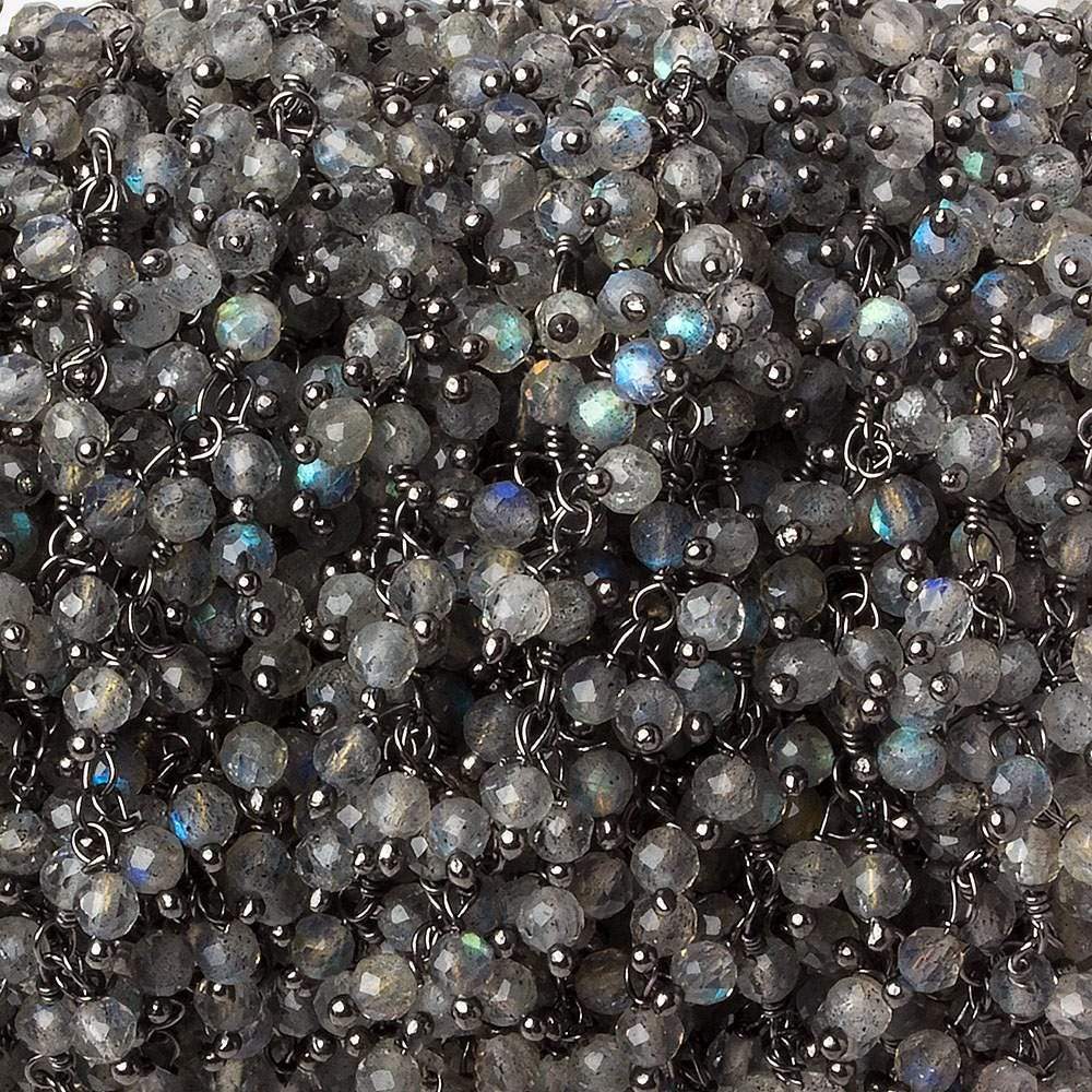 1.5mm Labradorite micro-faceted round Black Gold Dangling Chain by the foot (ONLINE ORDER ONLY)
