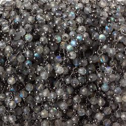 1.5mm Labradorite micro-faceted round Black Gold Dangling Chain by the foot (ONLINE ORDER ONLY)