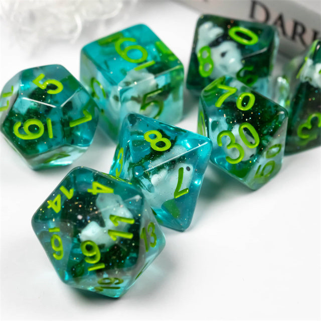 White Fish Seaweed 7-Dice Set w/Green Numbers Dnd Dice Set (Online Only)
