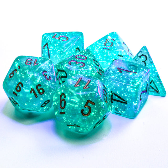 Borealis Teal/gold 7-Dice / 16mm / 12mm / 30mm Luminary (Online Only)