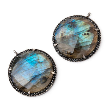 28mm Black Gold & Black CZ Bezel Labradorite Coin Pendant 1 Focal Bead (ONLINE ORDER ONLY)