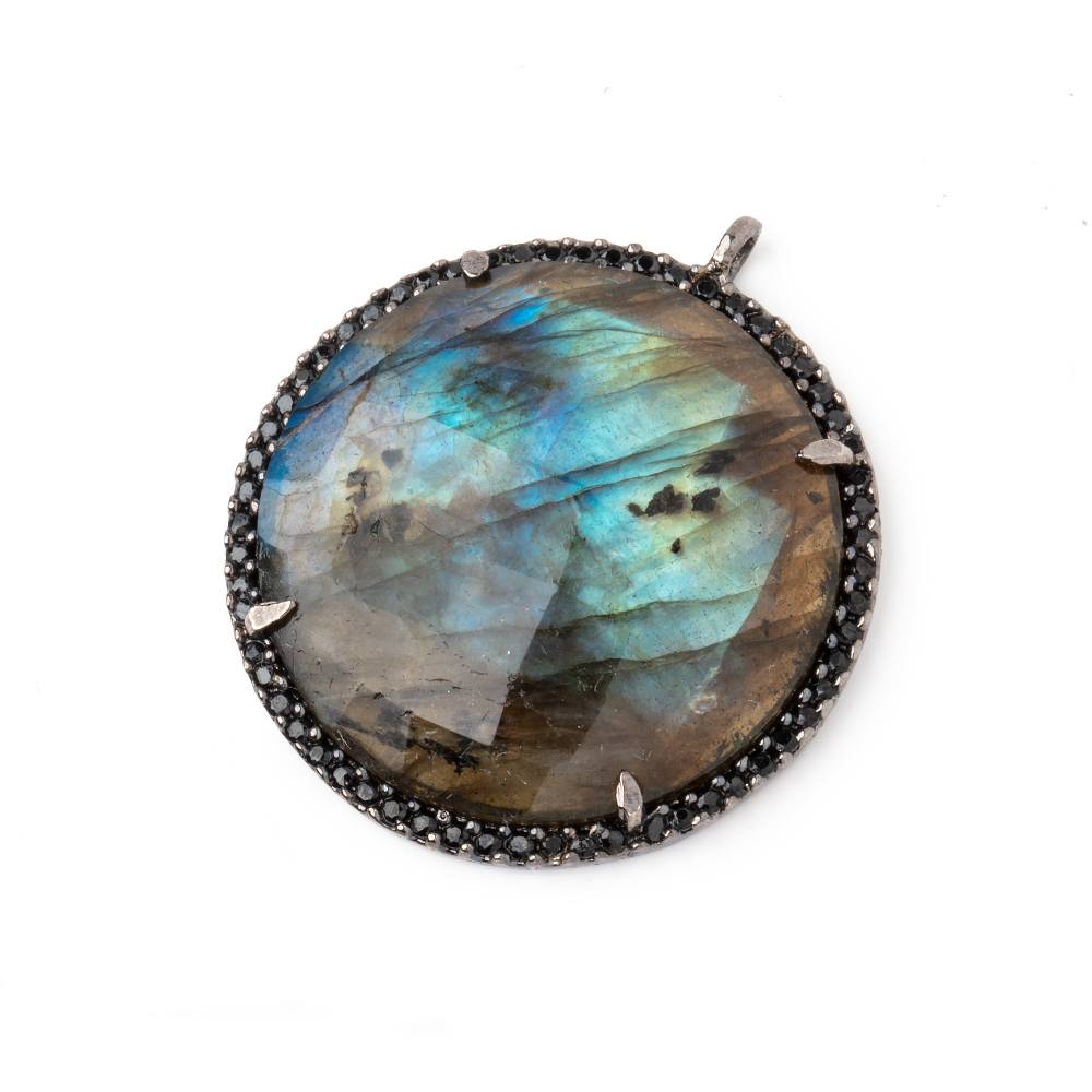 28mm Black Gold & Black CZ Bezel Labradorite Coin Pendant 1 Focal Bead (ONLINE ORDER ONLY)