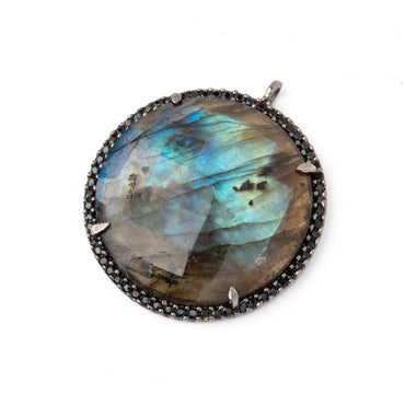 28mm Black Gold & Black CZ Bezel Labradorite Coin Pendant 1 Focal Bead (ONLINE ORDER ONLY)