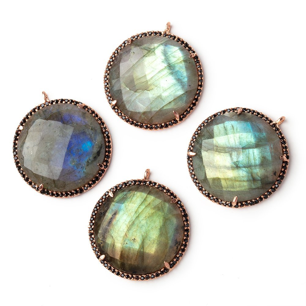 28mm Rose Gold & Black CZ Bezel Labradorite Coin Pendant 1 Focal (ONLINE ORDER ONLY)