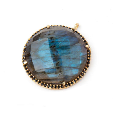 28mm Vermeil & Black CZ Bezel Labradorite Coin Pendant Focal Bead 1 piece (ONLINE ORDER ONLY)