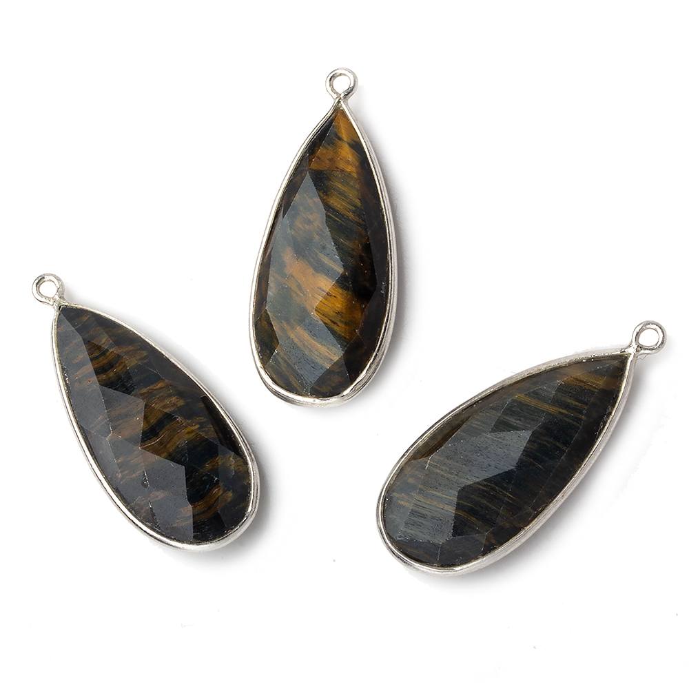 29x13mm Silver .925 Bezel Gold & Black Tiger's Eye faceted Pear Pendant 1 piece (ONLINE ORDER ONLY)