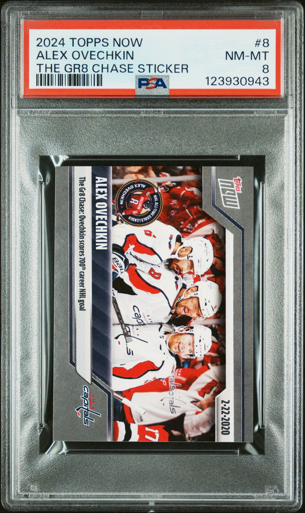 Graded 2024 Topps Now Alex Ovechkin #8 The GR8 Chase Sticker Hockey Card PSA 8 Near Mint (ONLINE ORDER ONLY)