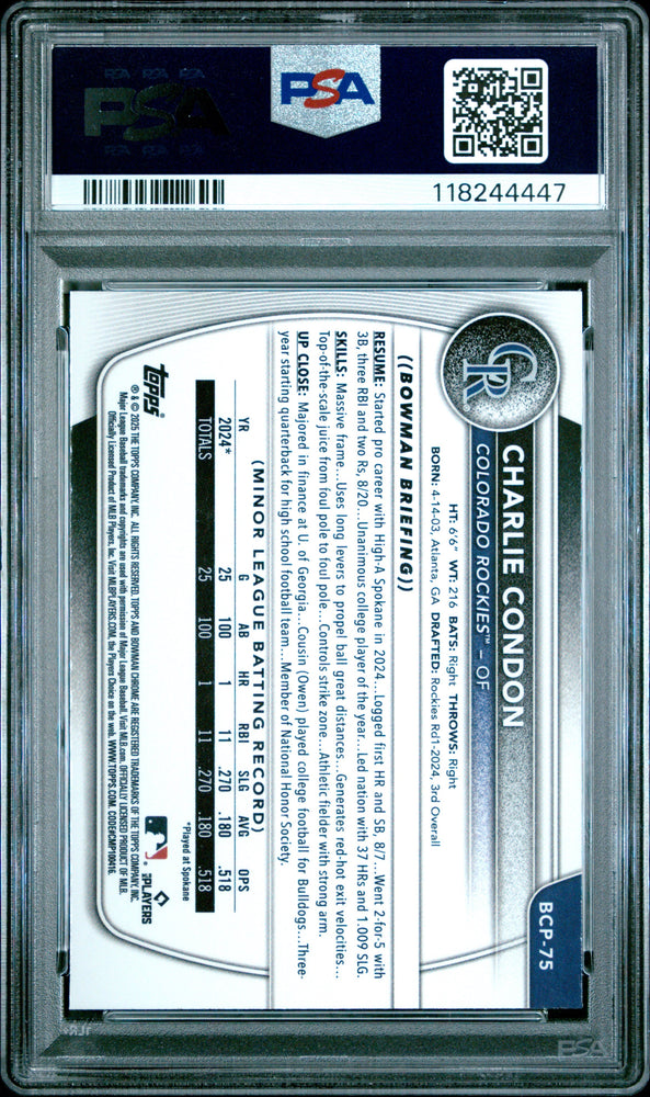 Graded 2025 Topps Bowman Charlie Condon #BCP75 Chrome Prospects Rookie RC Baseball Card PSA 10 Gem Mint (ONLINE ORDER ONLY)