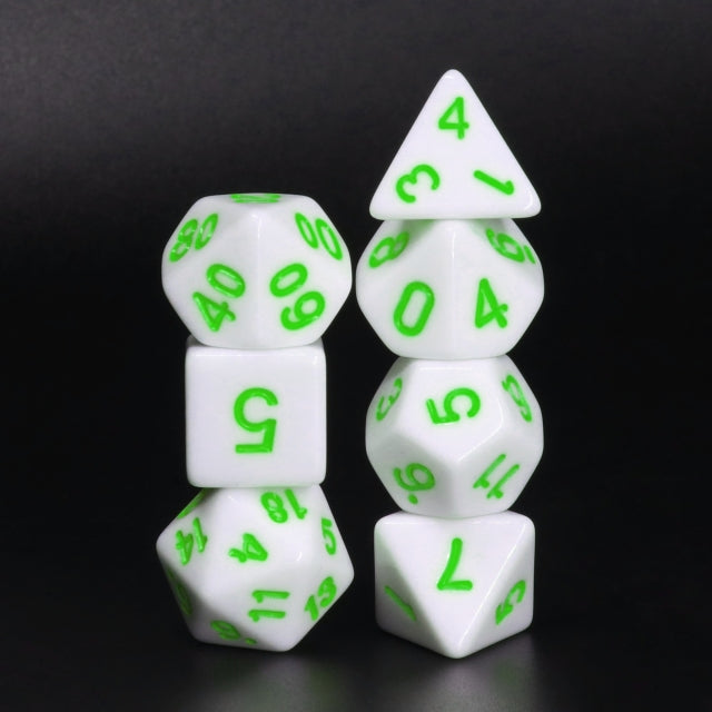 White Opaque with Green Numbering 7-Dice Set RPG (Online Only)