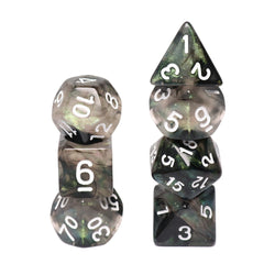 Stellar Explosion 7-Dice Set Black/Silver w/White Numbers Dnd Dice Set (Blacklight reactive) (Online Only)