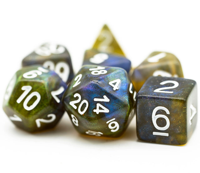 Yellow & Blue w/white Galaxy Glitter 7-Dice Set RPG (Online Only)