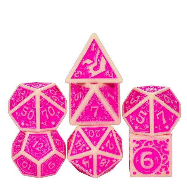 Off-White with Pink Irregular Pattern Fill: 7-Piece Acrylic Dice Set (Online Only)