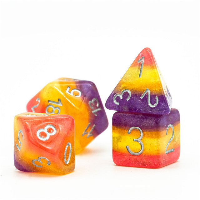 Orange Yellow Purple Glitter Layer 7-Dice Set w/Silver Numbers (Online Only)