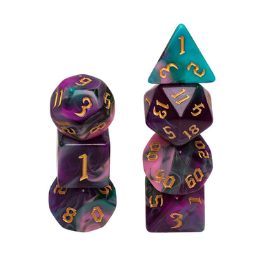 Night Elves 7-Dice Set Pink/Green/Purple w/Gold Numbers Dnd Dice Set (Online Only)