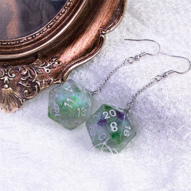 Glitter Green Dice Earrings: D20 Dice Spinning Colors Nerdy RPG Jewelry (Online Only)