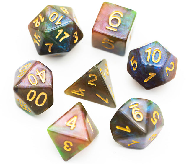 Purple & Green w/gold Galaxy Glitter 7-Dice Set RPG (Online Only)