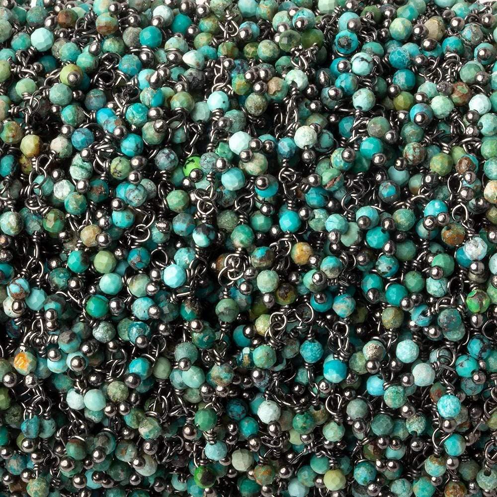 2mm Chinese Turquoise micro faceted round Black Gold Dangling Chain by the foot (ONLINE ORDER ONLY)