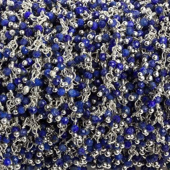 2mm Lapis micro faceted round Silver plated Dangling Chain by the foot 110 pcs (ONLINE ORDER ONLY)