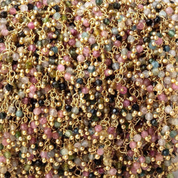 2mm Multi Color Tourmaline micro faceted Gold plated Dangling Chain by the foot (ONLINE ORDER ONLY)