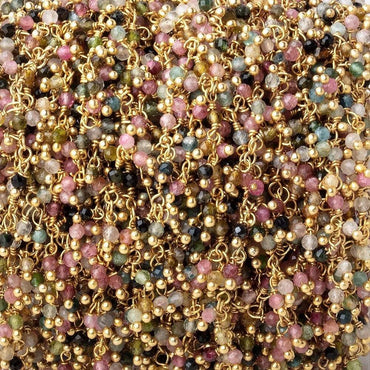 2mm Multi Color Tourmaline micro faceted Gold plated Dangling Chain by the foot (ONLINE ORDER ONLY)