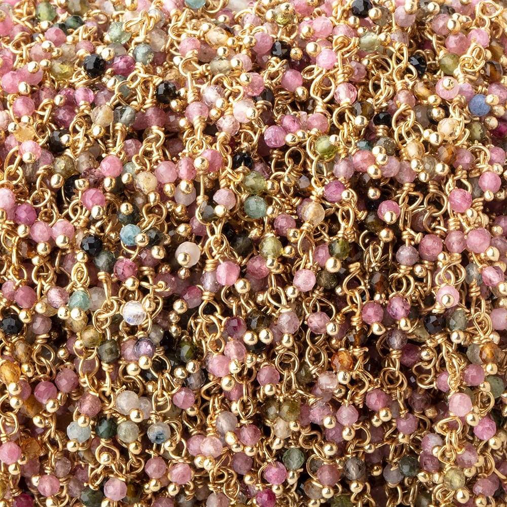 2mm Multi Color Tourmaline Micro Faceted Round Gold plated Dangling Chain by the foot (ONLINE ORDER ONLY)