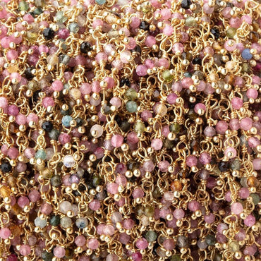 2mm Multi Color Tourmaline Micro Faceted Round Gold plated Dangling Chain by the foot (ONLINE ORDER ONLY)