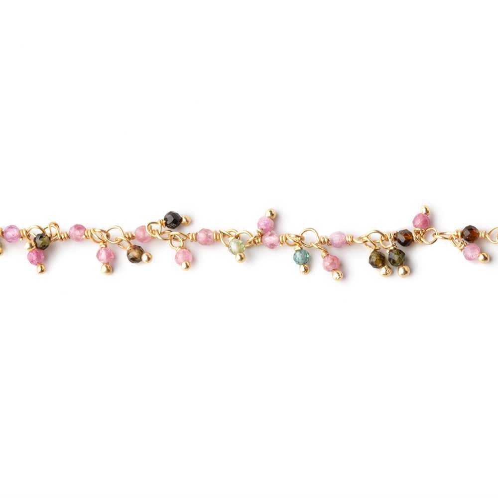 2mm Multi Color Tourmaline Micro Faceted Round Gold plated Dangling Chain by the foot (ONLINE ORDER ONLY)