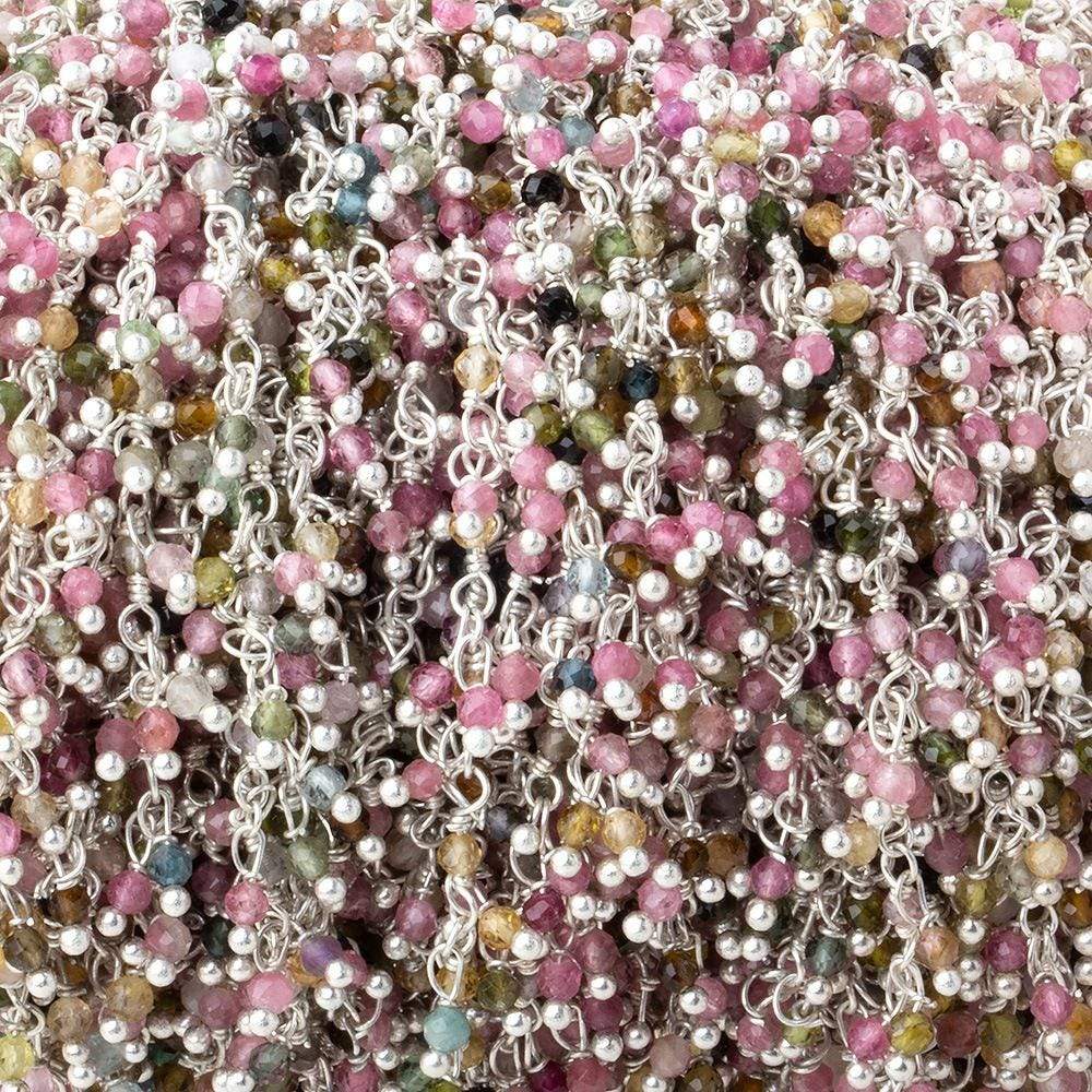 2mm Multi Color Tourmaline micro-faceted round Silver plated Dangling Chain by the foot (ONLINE ORDER ONLY)