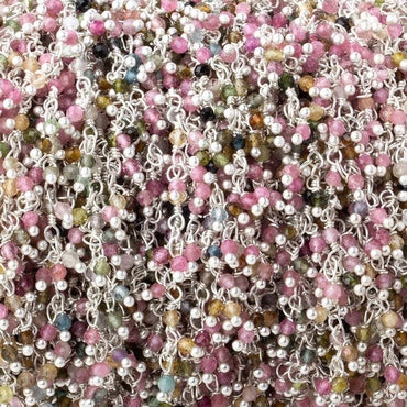 2mm Multi Color Tourmaline micro-faceted round Silver plated Dangling Chain by the foot (ONLINE ORDER ONLY)