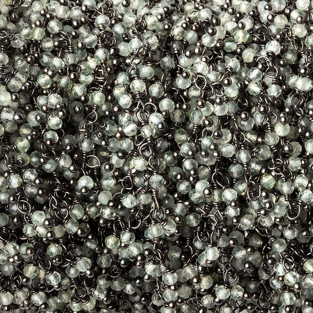 2mm Prehnite micro faceted round Black Gold plated Dangling Chain by the foot (ONLINE ORDER ONLY)