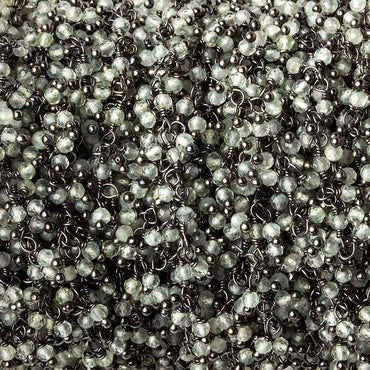 2mm Prehnite micro faceted round Black Gold plated Dangling Chain by the foot (ONLINE ORDER ONLY)