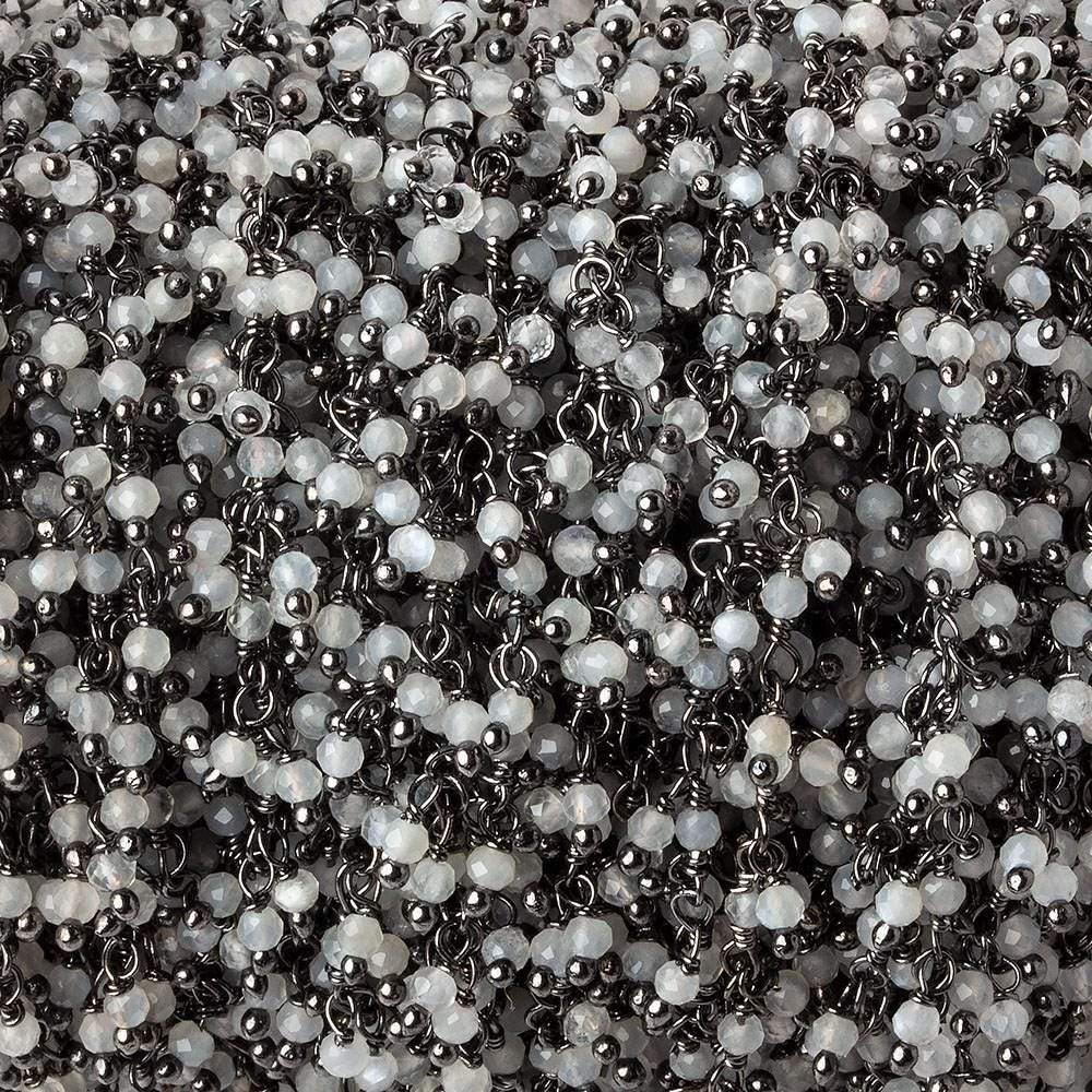 2mm White Moonstone micro faceted round Black Gold Dangling Chain by the foot (ONLINE ORDER ONLY)